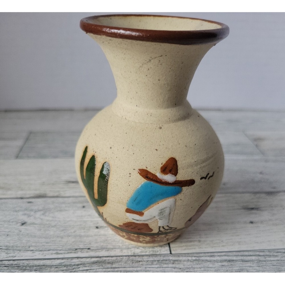 HAND PAINTED FOLK ART SANDSTONE POTTERY VASE TONALA MEXICO MEXICAN SIESTA